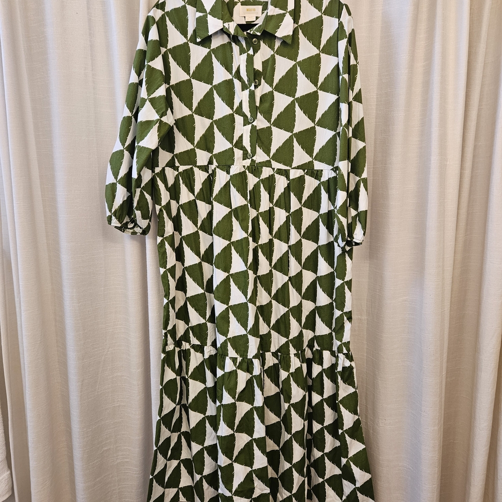 Anthropologie Olive and White Long Sleeve Dress
